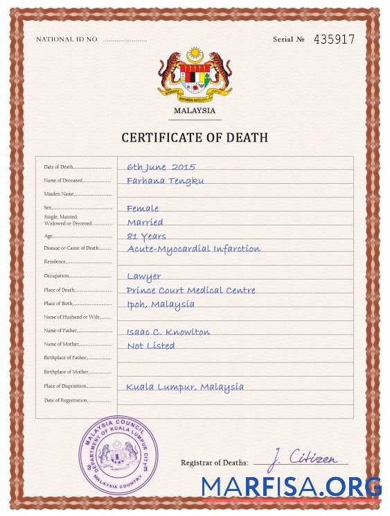 Printable Malaysia death certificate PSD template